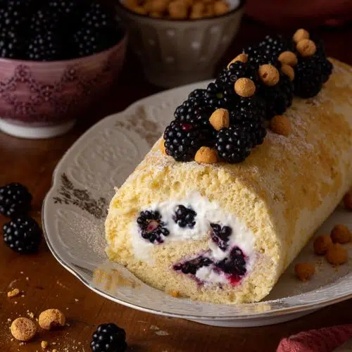 Rotolo di pasta biscuit con mousse di yogurt e more