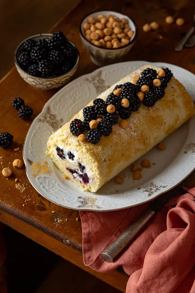 Rotolo di pasta biscuit con farcitura di mousse allo yogurt alla vaniglia e more